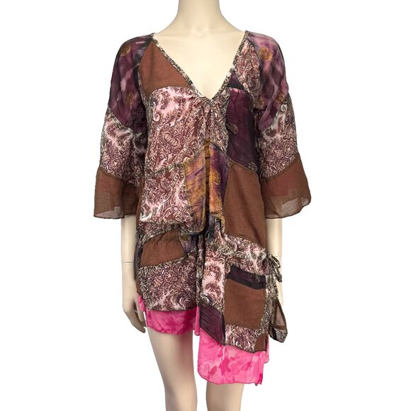 EL RODEO Designer Japanese Harajuku Kawaii Patchwork Boho Flowy Pink Brown S - Picture 1 of 11